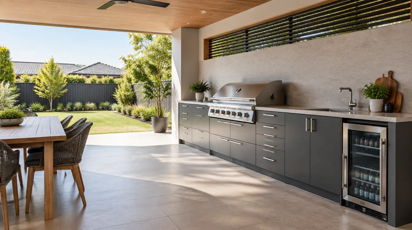Premium custom outdoor kitchen with stainless BBQ, stone benchtops and alfresco dining area